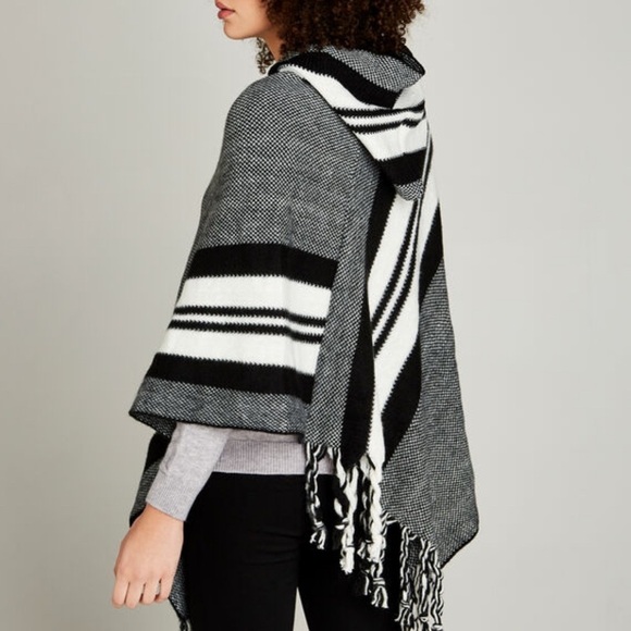 Black Monochrome Striped Hooded Poncho - Picture 2 of 12